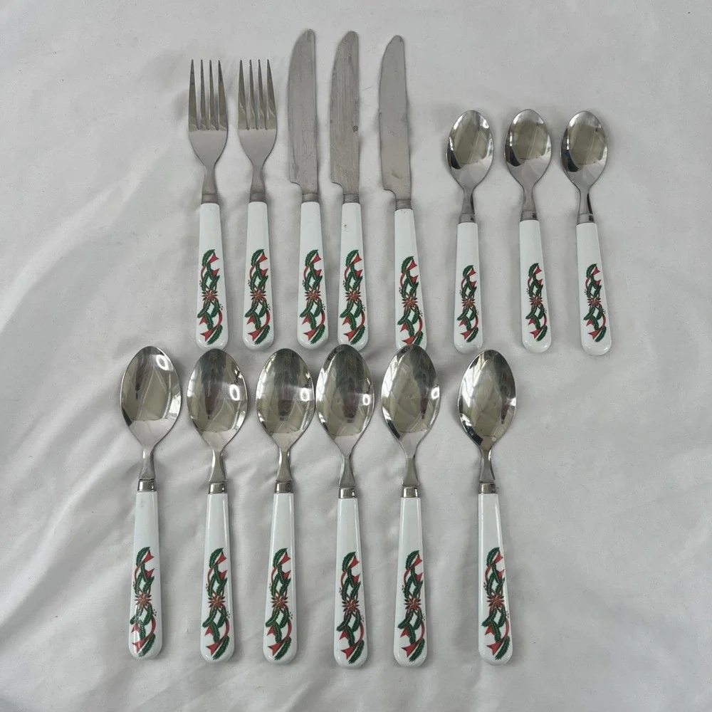 Vintage Poinsettia and Ribbon Flatware Silverware 14 Piece Stainless‎ Christmas
